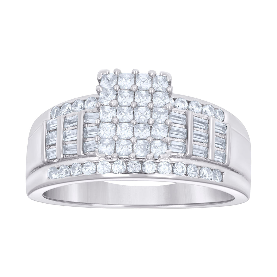 925 Sterling Silver Womens Baguette 0.95ct Round 0.33ct Moissanite Cinderella Ring Size 7 - SLV-135445