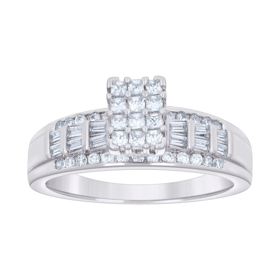 925 Sterling Silver Womens Baguette 0.60ct Round 0.26ct Moissanite Cinderella Ring Size 7 - SLV-135451