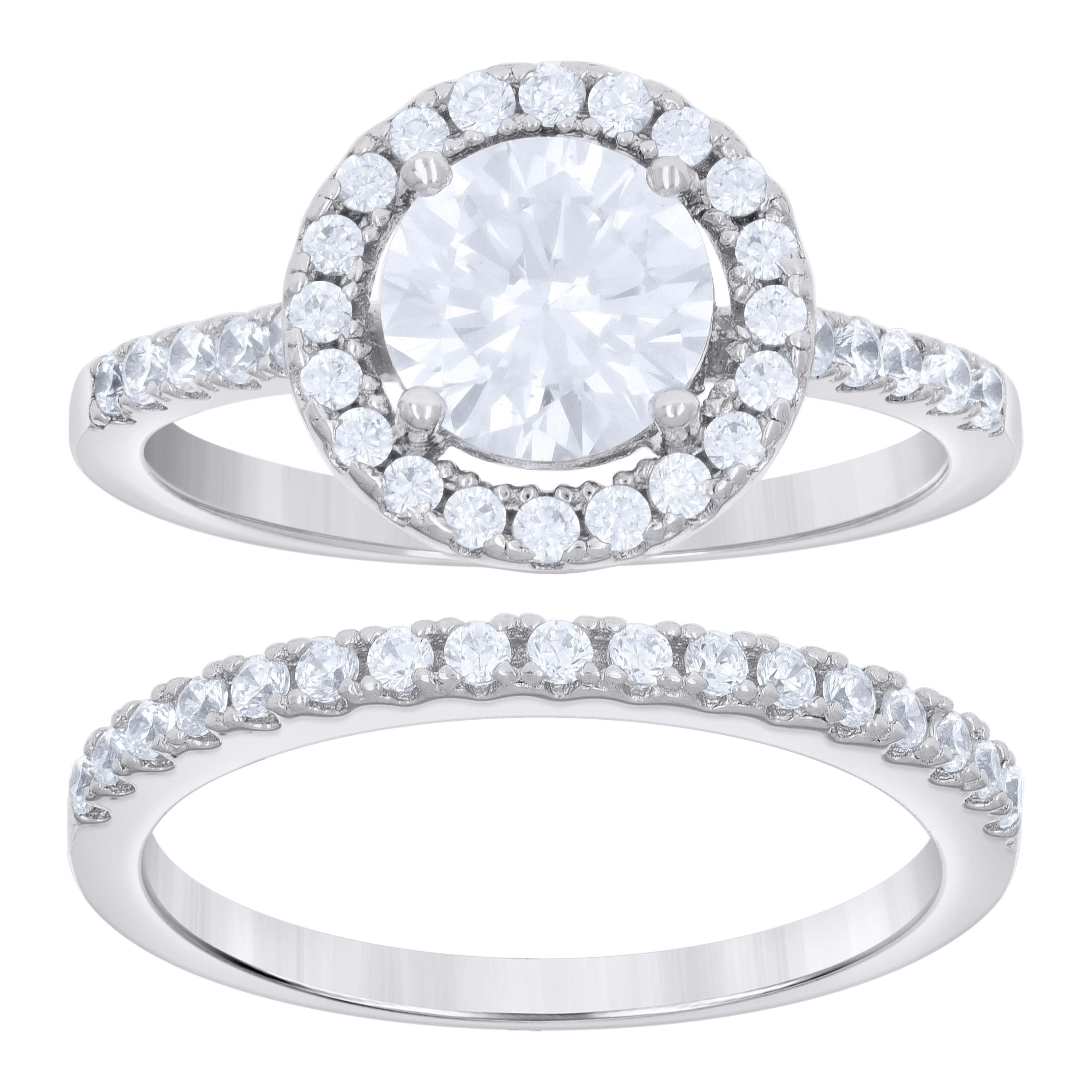 925 Sterling Silver Womens 1.82ct Moissanite Halo Round Duo Ring Bridal Set Ring Size 7 - SLV-135463