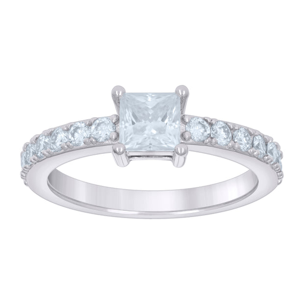 925 Sterling Silver Womens 1.00ct Baguette 0.82ct Round Moissanite Fashion Engagement Ring Size 5