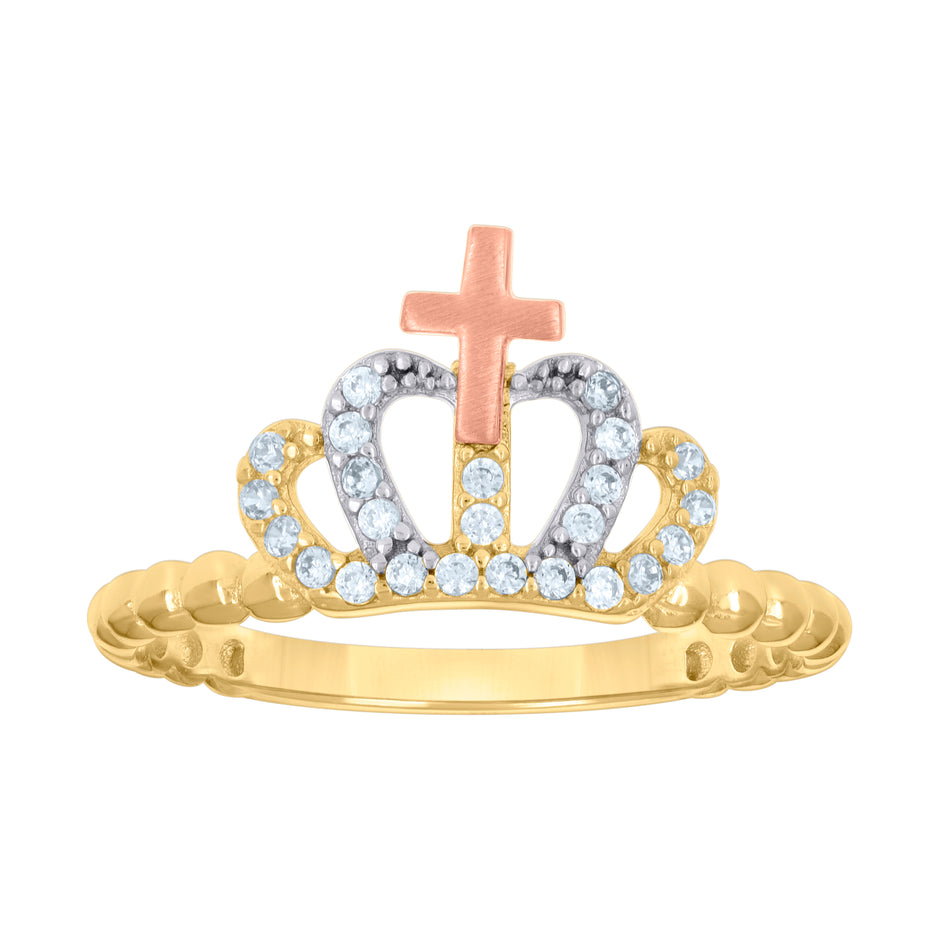10kt Tri-Color Gold Womens Cubic-Zirconia Cross Crown Fashion Ring 