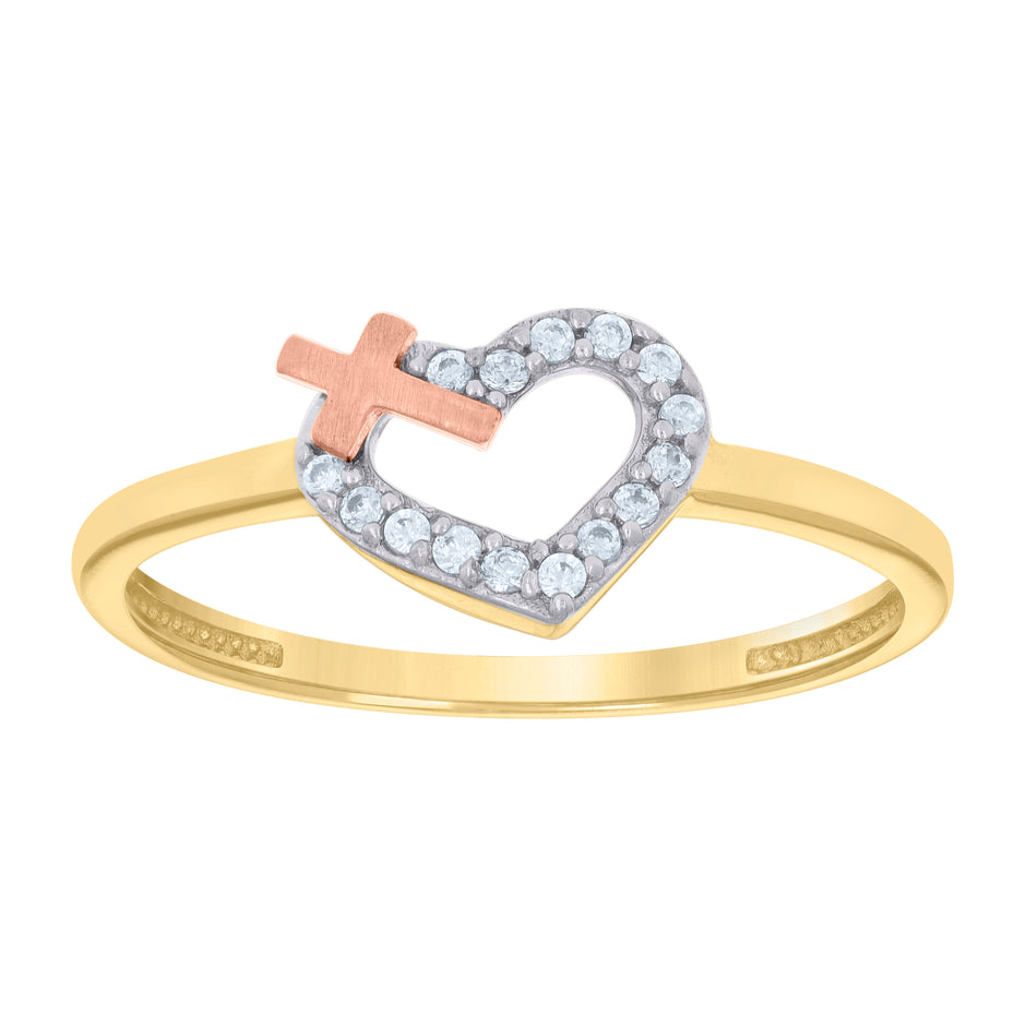 10kt Tri-Color Gold Womens Cubic-Zirconia Cross Heart Ring 