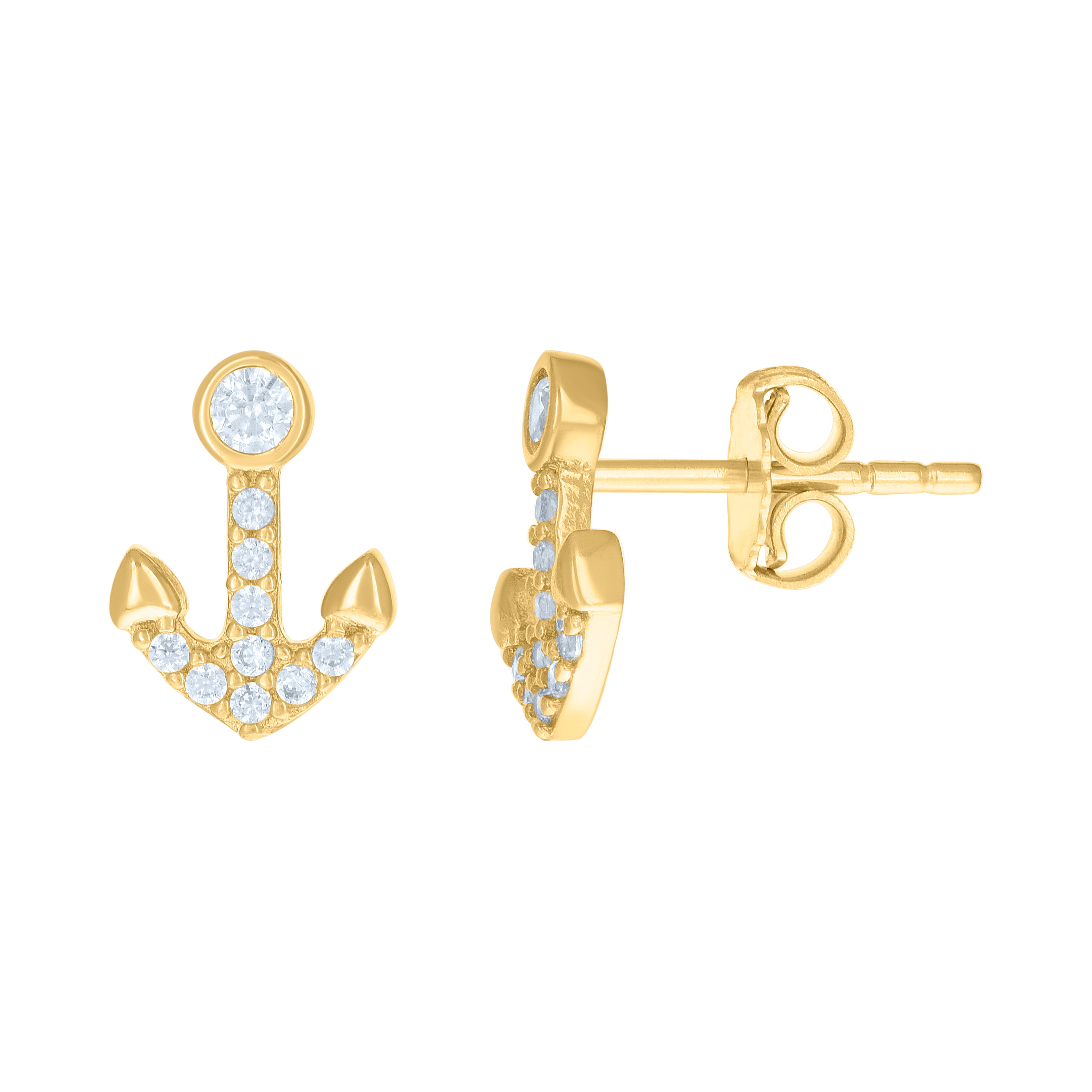 10kt Yellow Gold Womens Cubic-Zirconia Anchor Ocean Stud Earrings