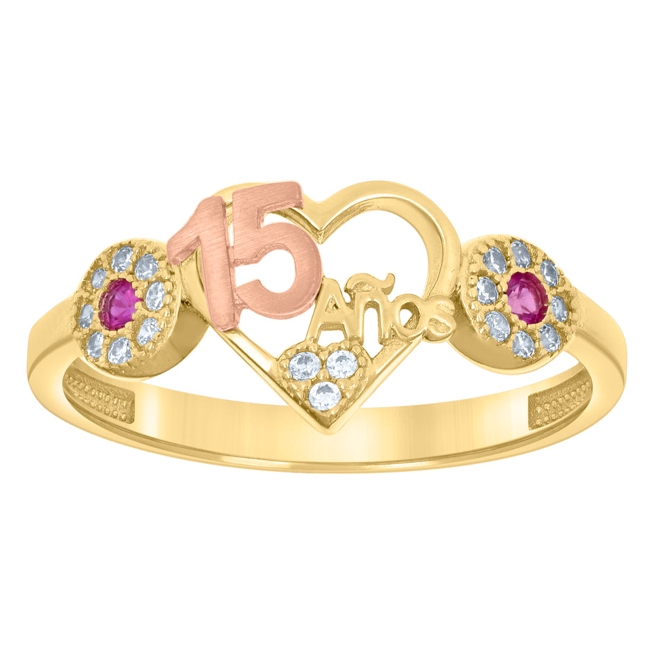 14kt Two-tone Gold Womens Pink White Cubic-Zirconia Heart Anos 15 Quinceanera Ring 
