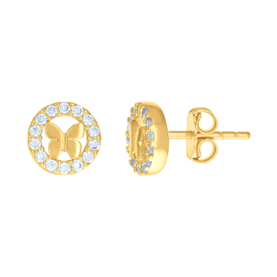 14kt Yellow Gold Womens Cubic-Zirconia Butterfly In Circle Fashion Stud Earrings 