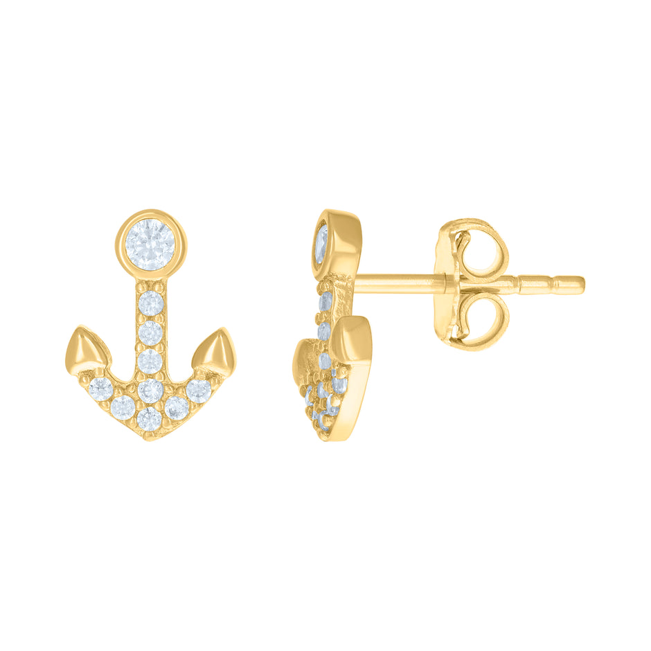 14kt Yellow Gold Womens Cubic-Zirconia Anchor Ocean Stud Earrings 