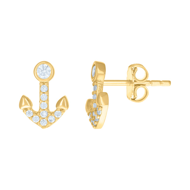 14kt Yellow Gold Womens Cubic-Zirconia Anchor Ocean Stud Earrings 