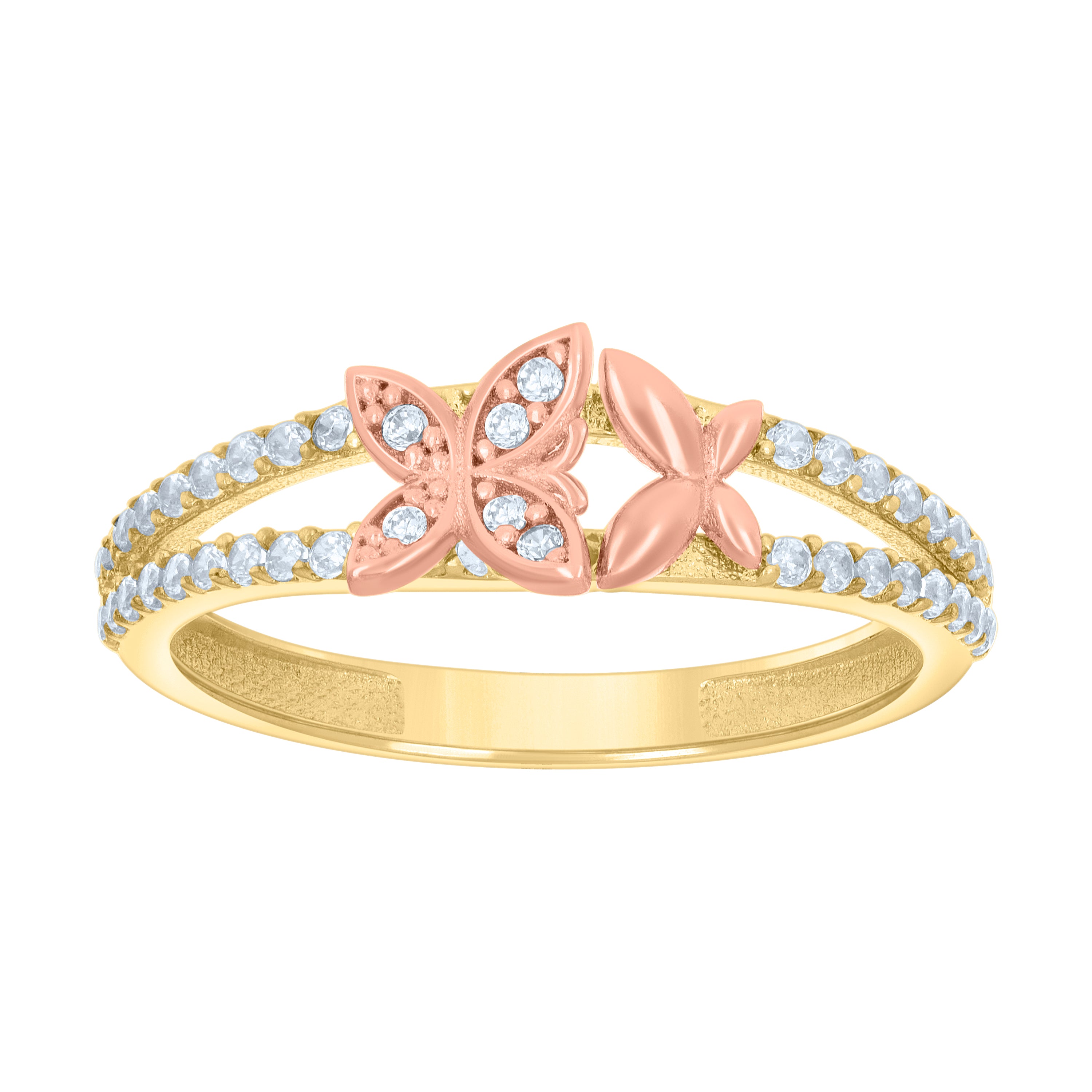 14kt Two-tone Gold Womens Cubic-Zirconia Butterflies Fashion Ring 