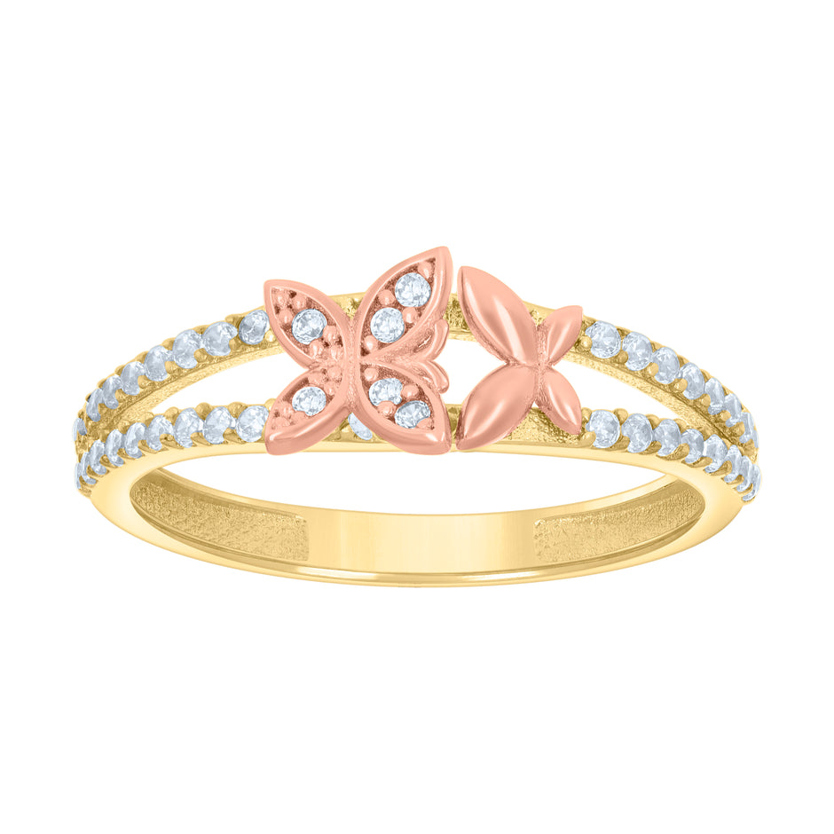 14kt Two-tone Gold Womens Cubic-Zirconia Butterflies Fashion Ring 