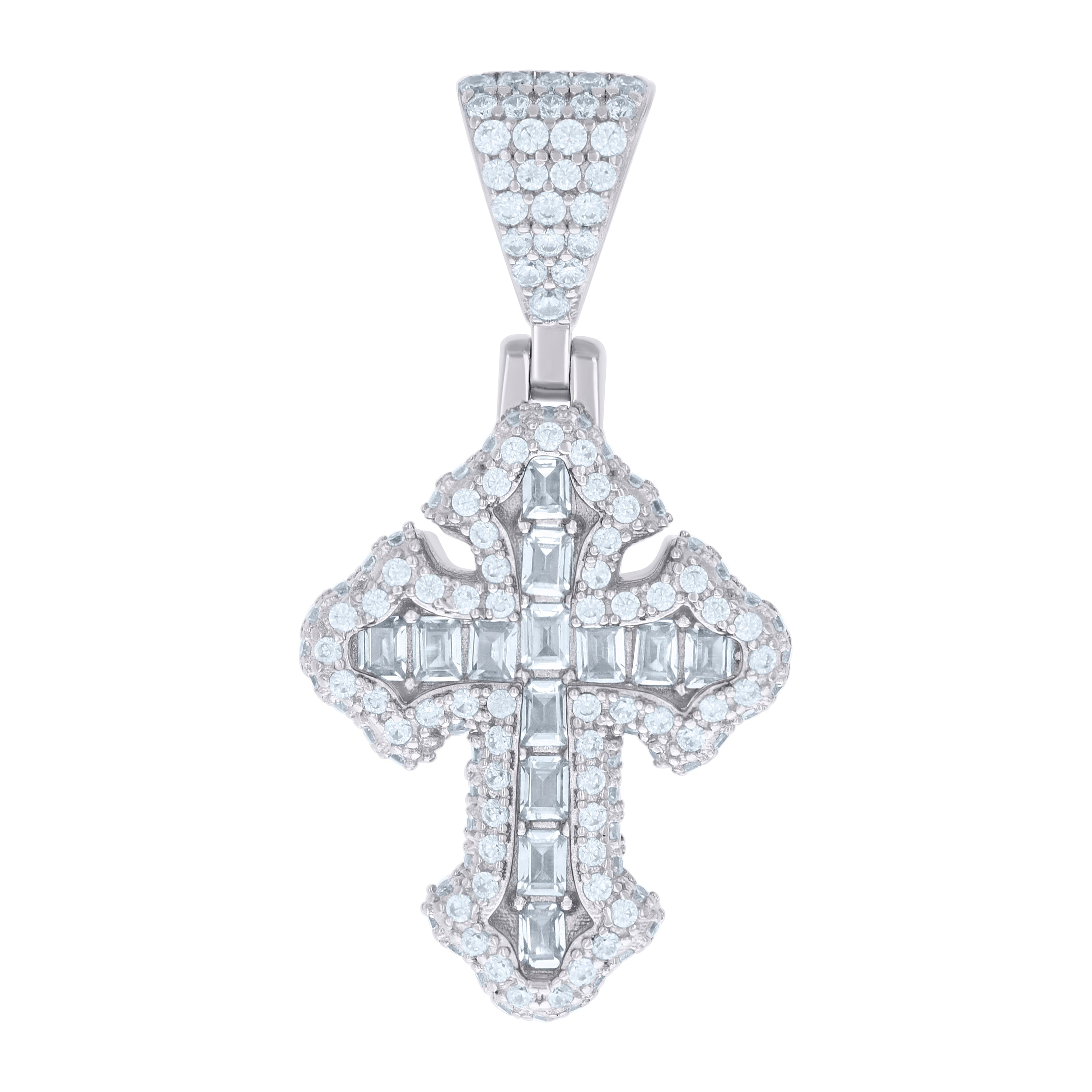 925 Sterling Silver Mens 1.05ct Baguette 1.23ct Round Moissanite Cross Religious Charm Pendant 