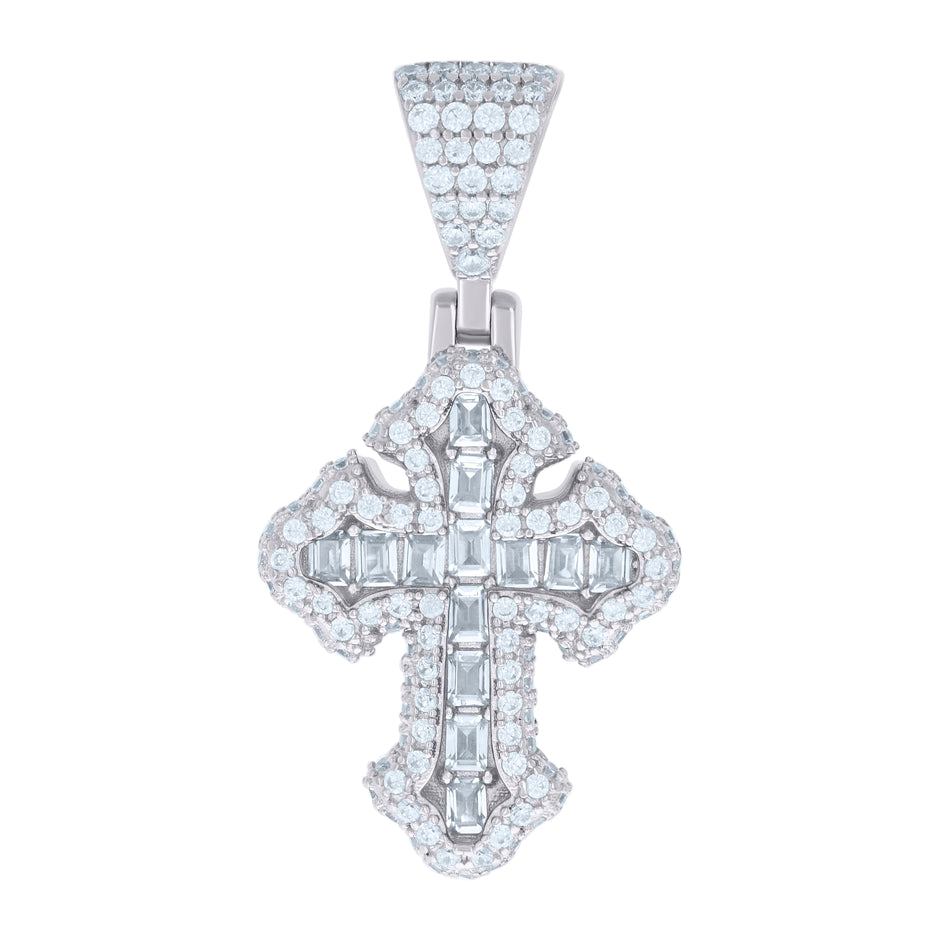 925 Sterling Silver Mens 1.05ct Baguette 1.23ct Round Moissanite Cross Religious Charm Pendant 