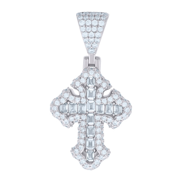 925 Sterling Silver Mens 1.05ct Baguette 1.23ct Round Moissanite Cross Religious Charm Pendant 