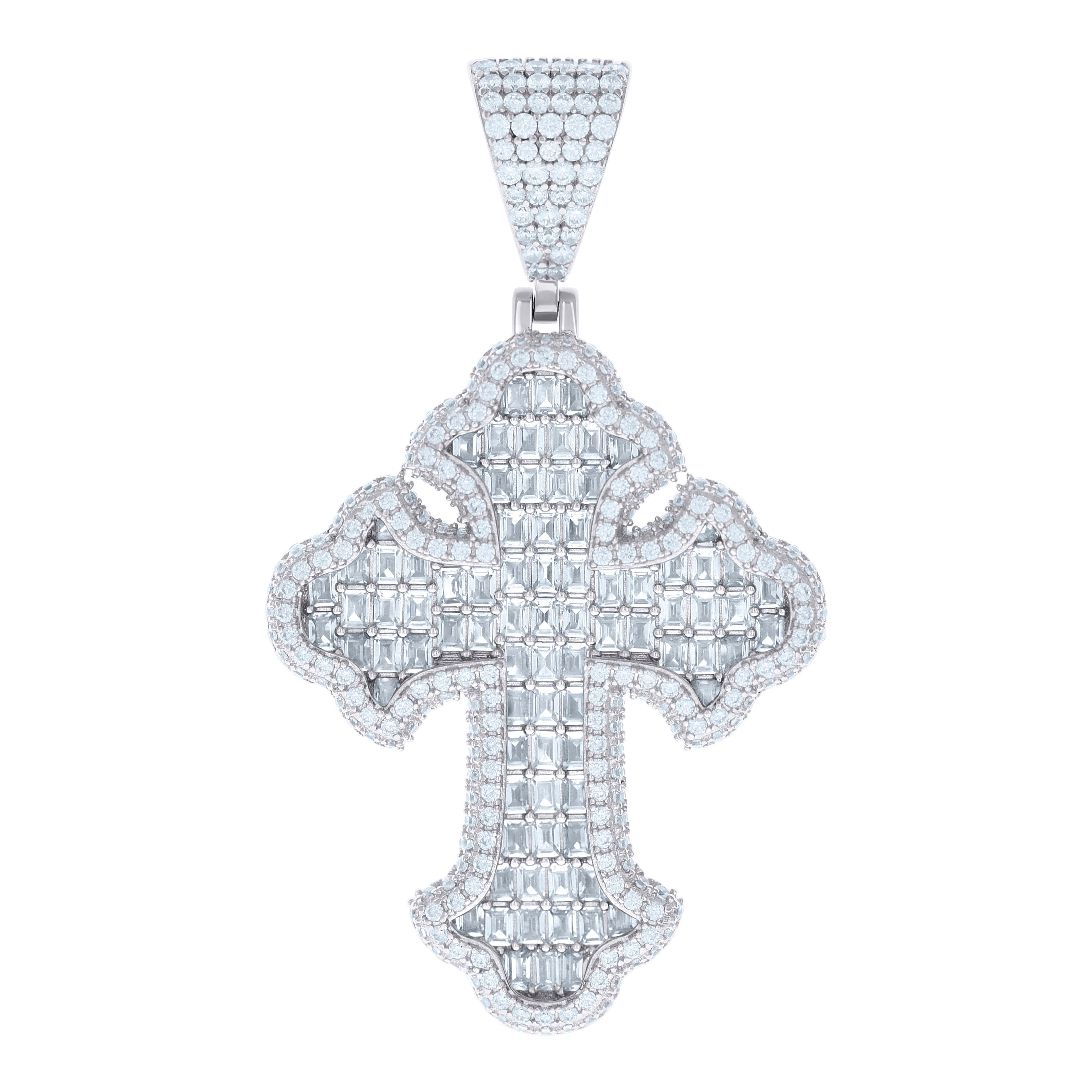925 Sterling Silver Mens 6.79ct Baguette 3.69ct Round Moissanite Cross Religious Charm Pendant 