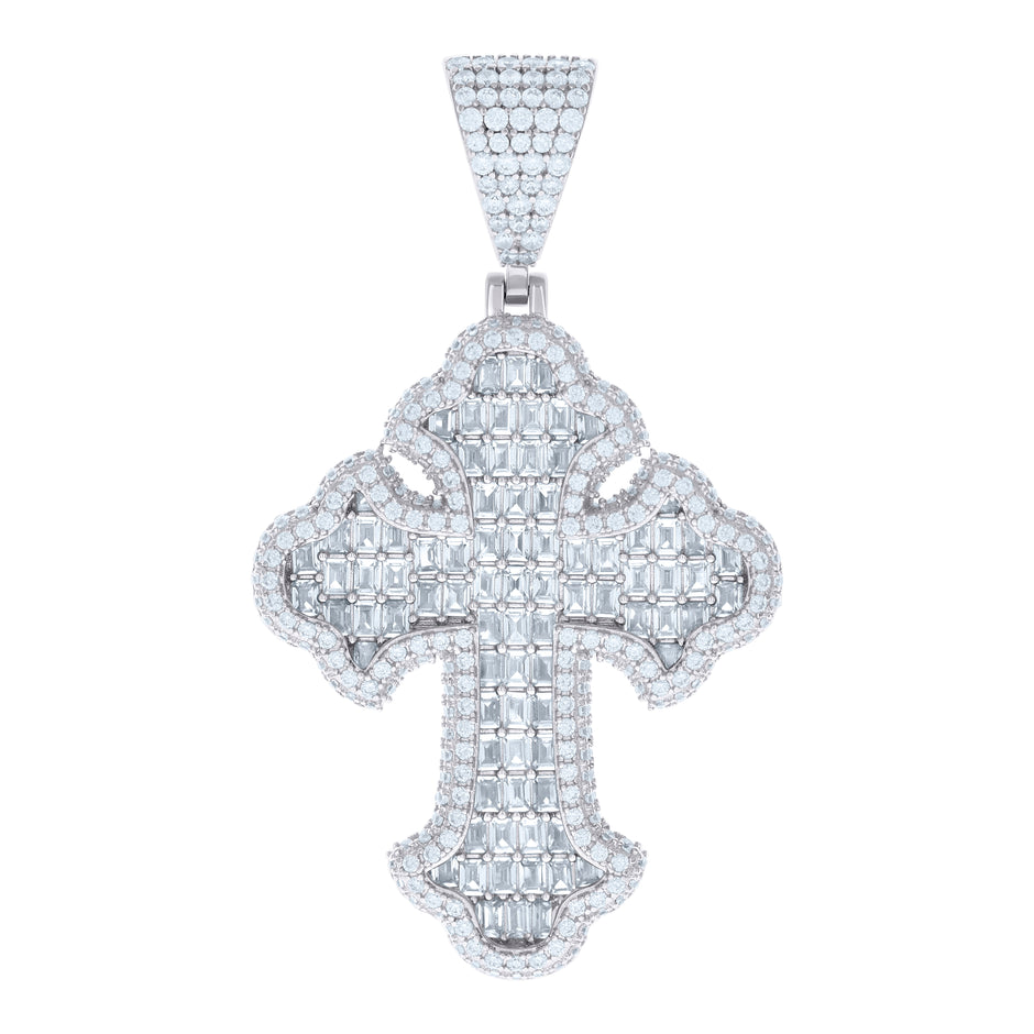 925 Sterling Silver Mens 6.79ct Baguette 3.69ct Round Moissanite Cross Religious Charm Pendant 