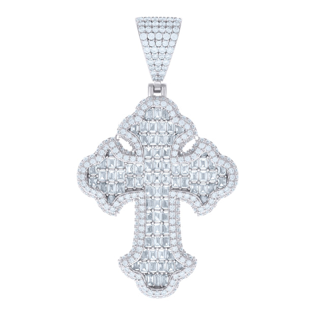 925 Sterling Silver Mens 6.79ct Baguette 3.69ct Round Moissanite Cross Religious Charm Pendant 