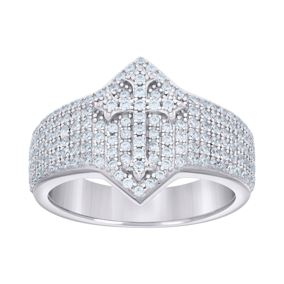 925 Sterling Silver Mens 0.97ct Moissanite Cross Religious Ring Size 9
