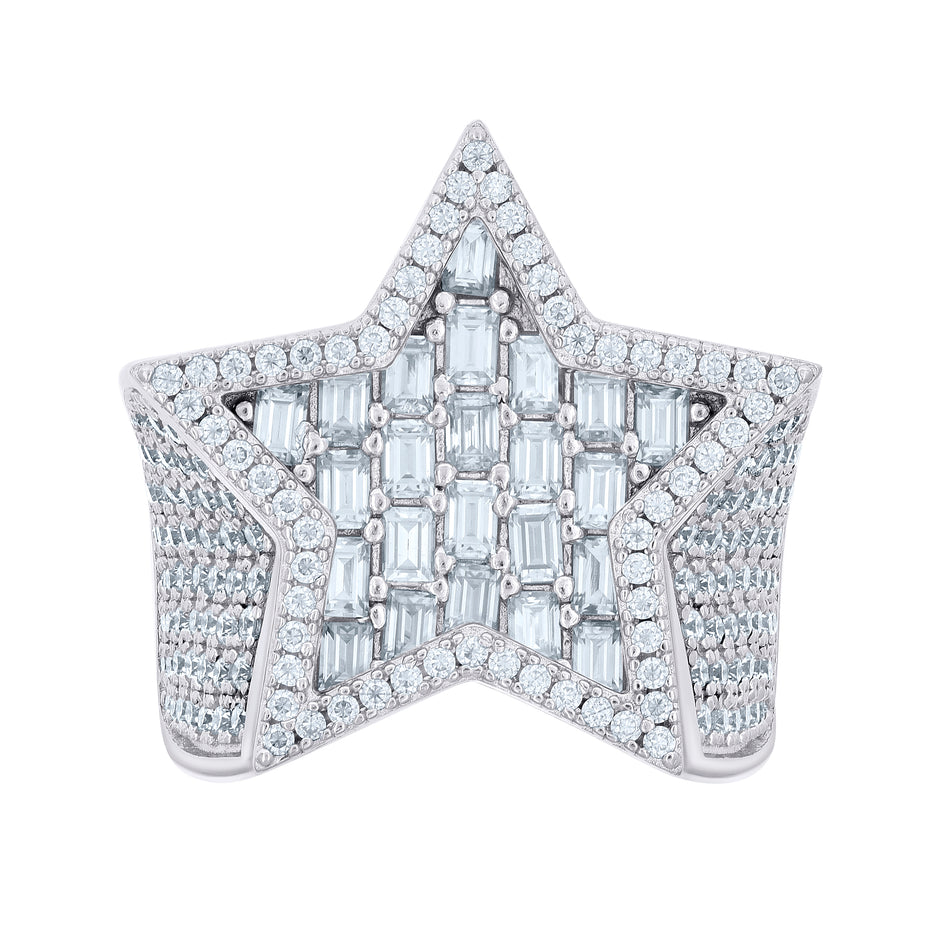 925 Sterling Silver Mens 2.25ct Baguette 3.36ct Round Moissanite Star Fashion Ring Size 10