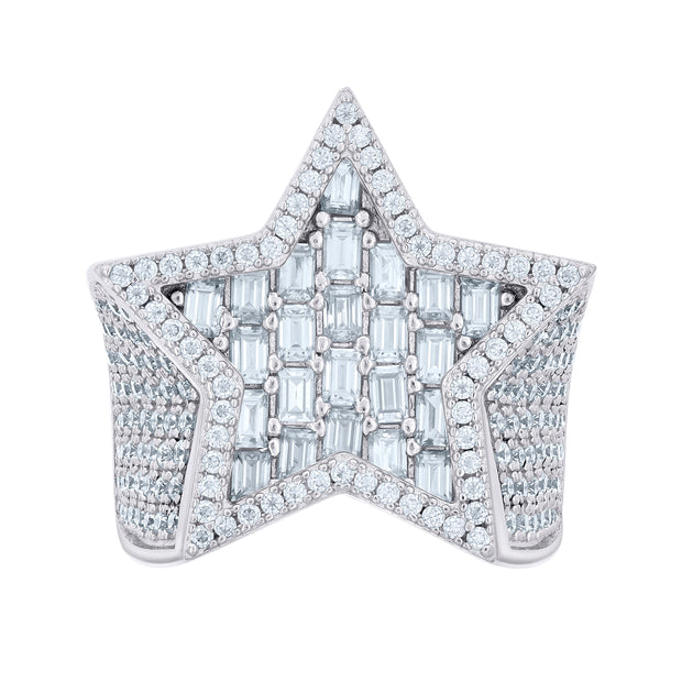 925 Sterling Silver Mens 2.25ct Baguette 3.36ct Round Moissanite Star Fashion Ring Size 10