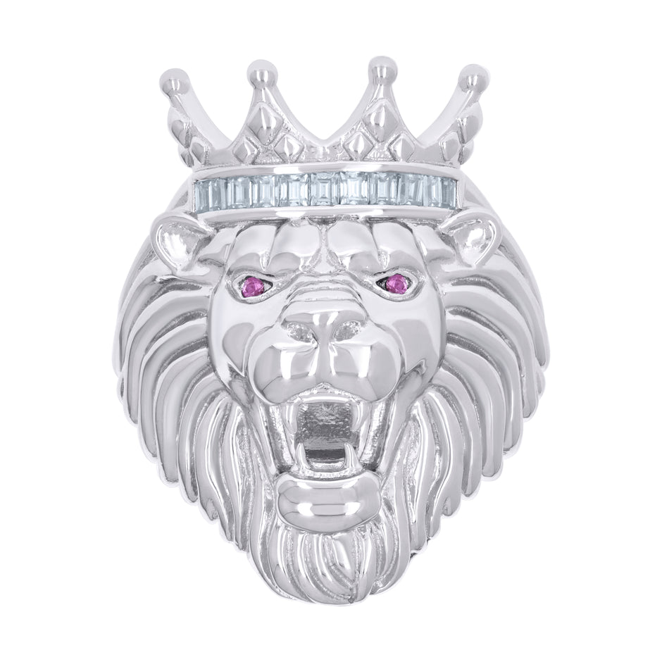 925 Sterling Silver Mens 0.45ct Baguette Pink White Moissanite Leo/Lion Head Ring Size 9 - SLV-135989