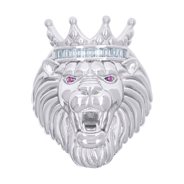 925 Sterling Silver Mens 0.45ct Baguette Pink White Moissanite Leo/Lion Head Ring Size 10 - SLV-135990
