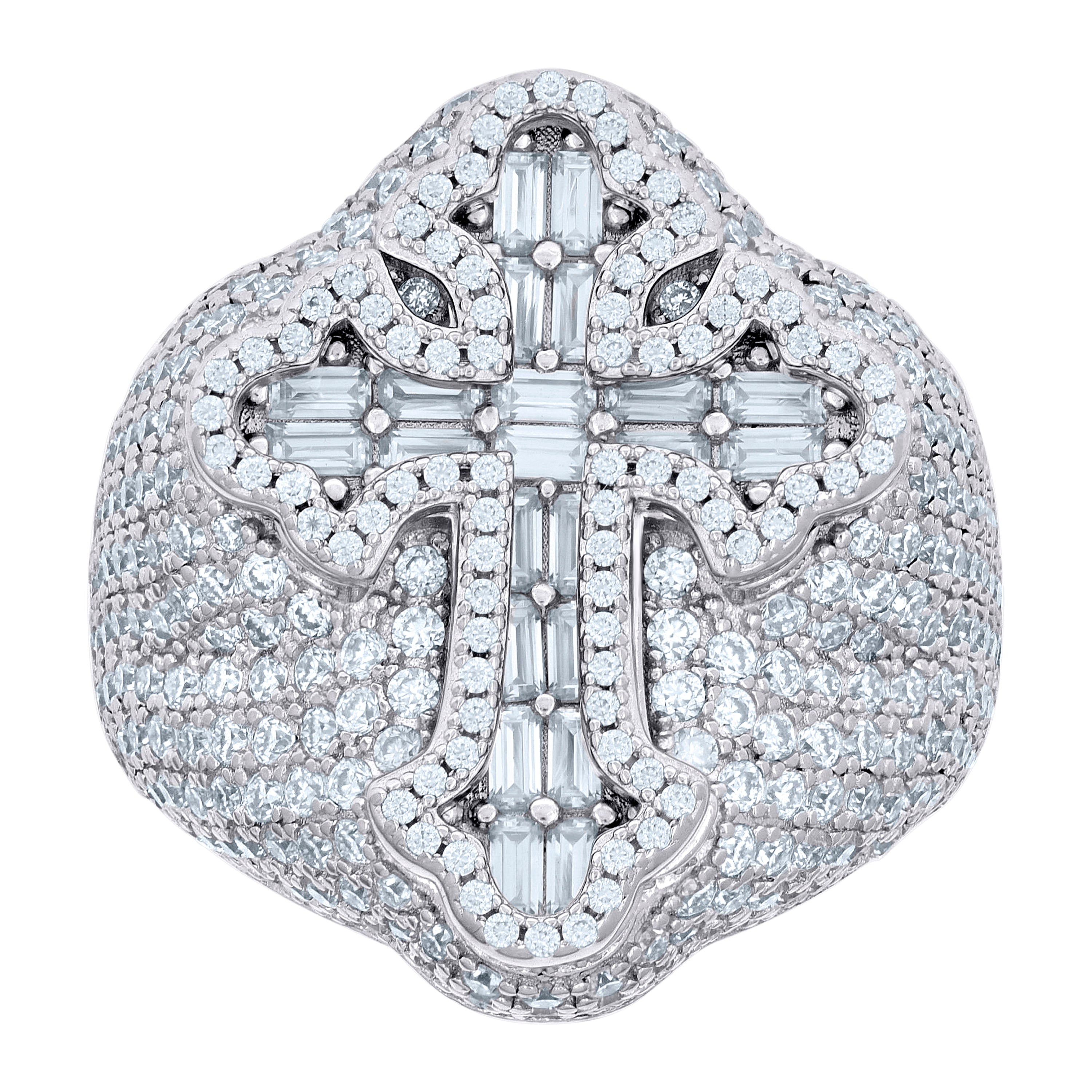 925 Sterling Silver Mens 1.36ct Baguette 4.67ct Round Moissanite Cross Religious Ring Size 10