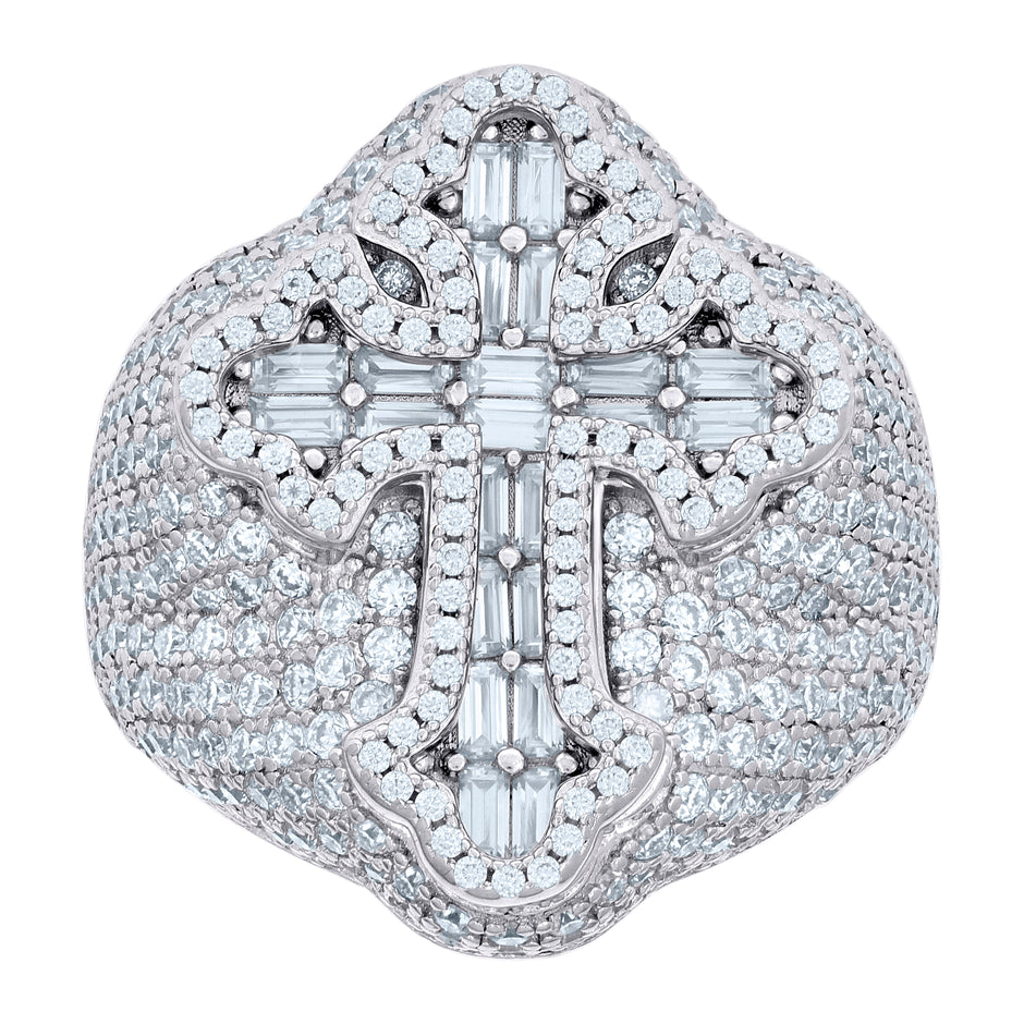 925 Sterling Silver Mens 1.36ct Baguette 4.67ct Round Moissanite Cross Religious Ring Size 10
