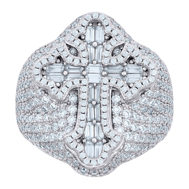 925 Sterling Silver Mens 1.36ct Baguette 4.67ct Round Moissanite Cross Religious Ring Size 10