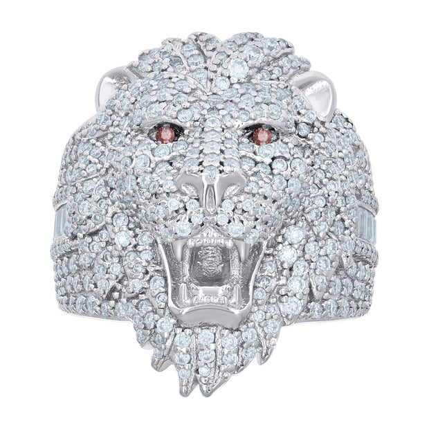 925 Sterling Silver Mens Red White 0.68ct Baguette 2.51ct Round Moissanite Leo/Lion Head Ring Size 9 - SLV-135999