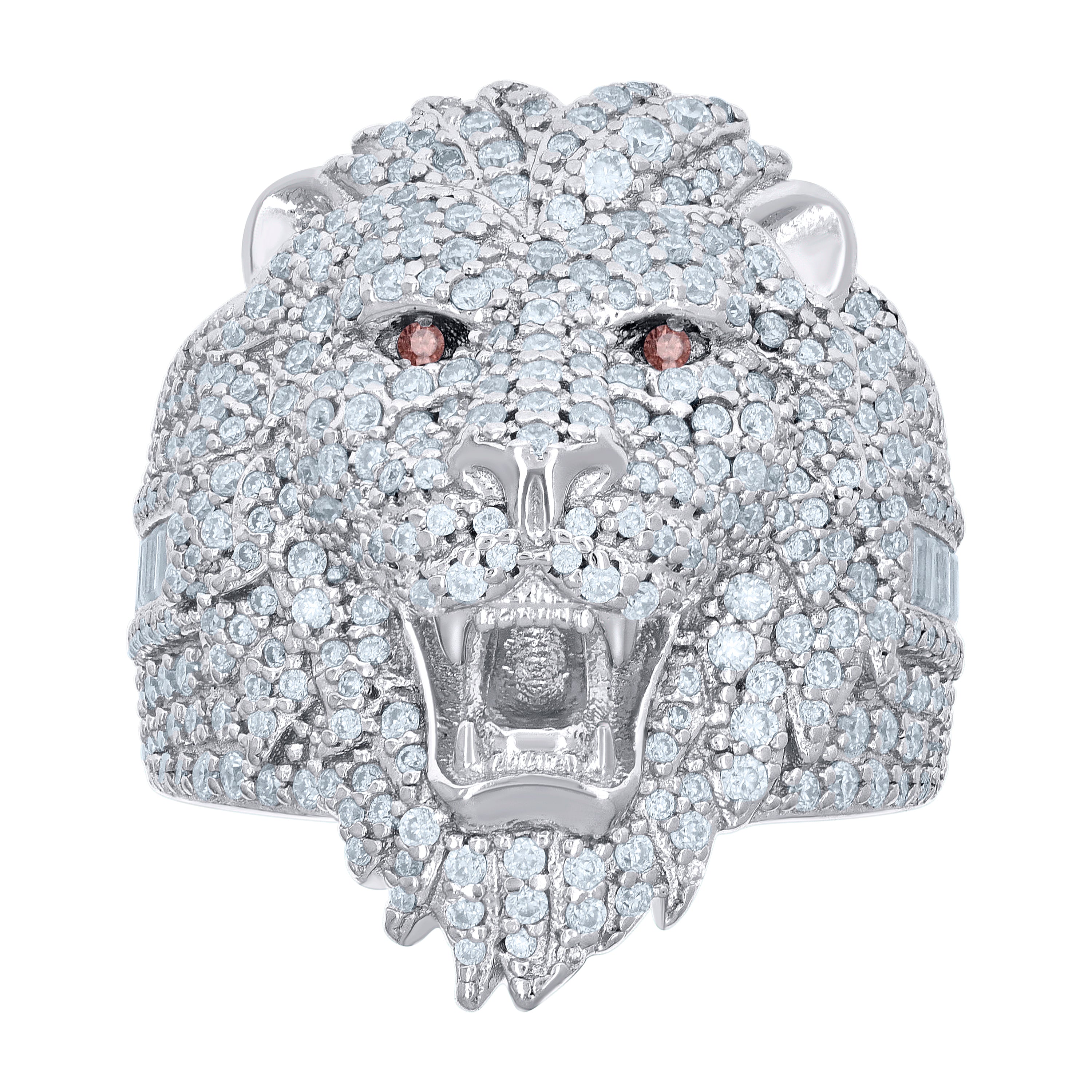 925 Sterling Silver Mens Red White 0.68ct Baguette 2.51ct Round Moissanite Leo/Lion Head Ring Size 10 - SLV-136000