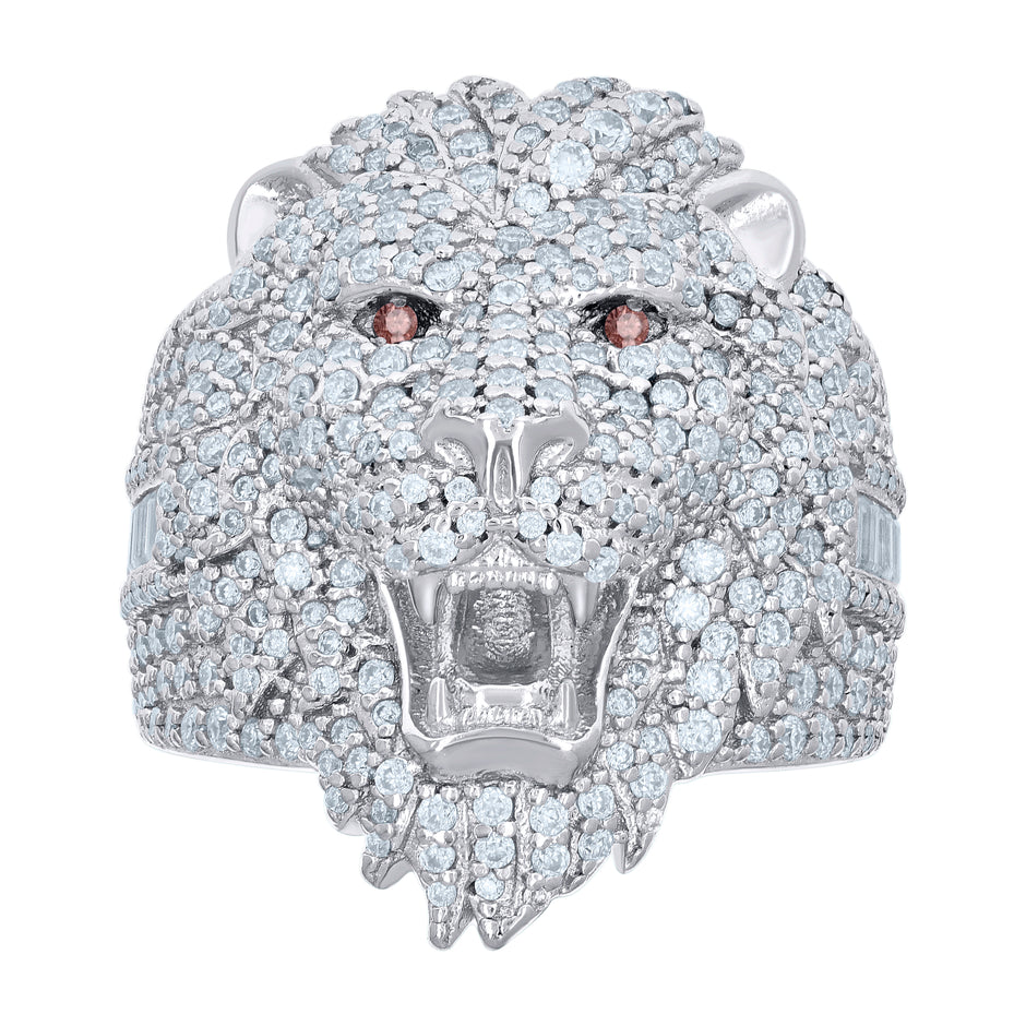 925 Sterling Silver Mens Red White 0.68ct Baguette 2.51ct Round Moissanite Leo/Lion Head Ring Size 10 - SLV-136000