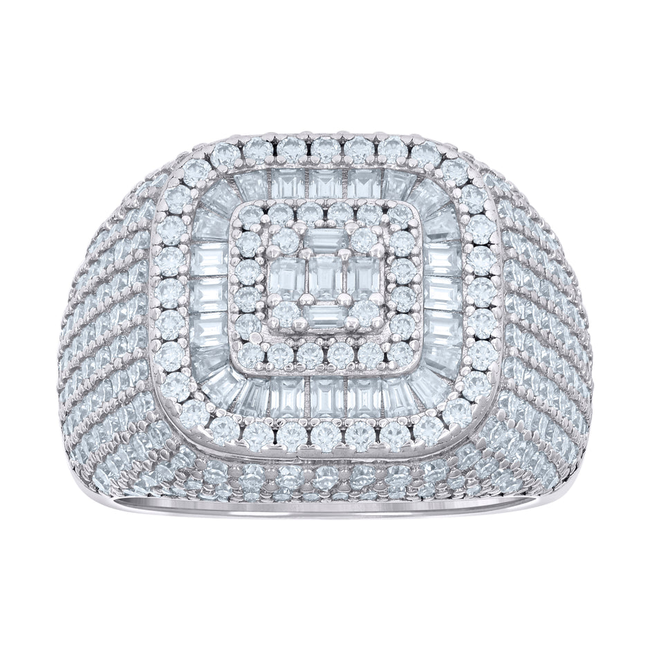 925 Sterling Silver Mens 1.11ct Baguette 3.29ct Round Moissanite Cushion-Shaped Fashion Ring Size 9