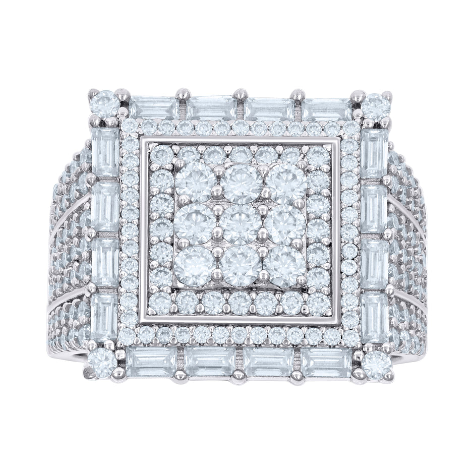 925 Sterling Silver Mens 1.57ct Baguette 2.16ct Round Moissanite Square Head Fashion Ring Size 8