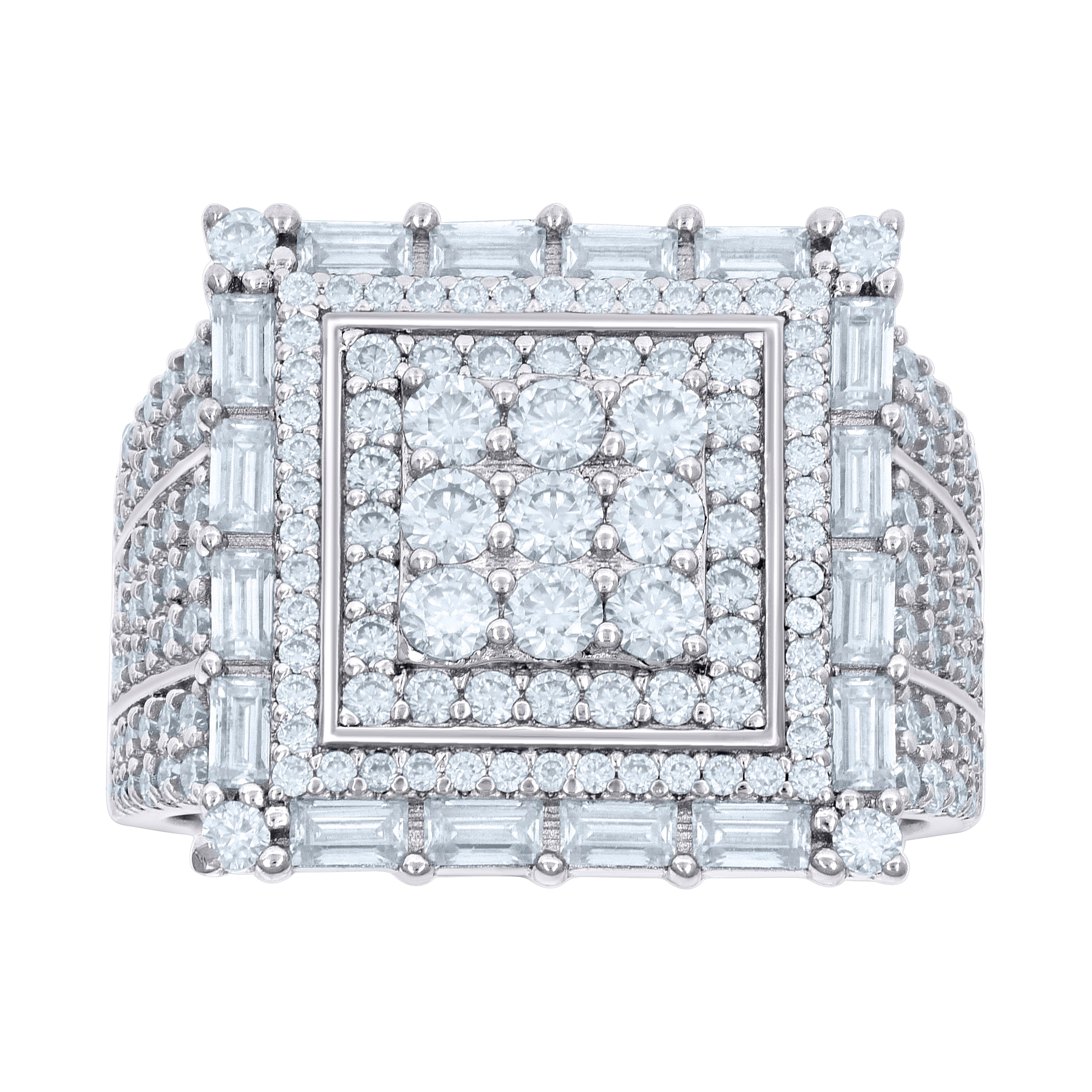 925 Sterling Silver Mens 1.57ct Baguette 2.16ct Round Moissanite Square Head Fashion Ring Size 10 - SLV-136014