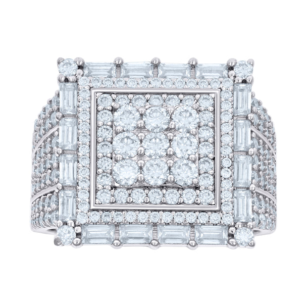 925 Sterling Silver Mens 1.57ct Baguette 2.16ct Round Moissanite Square Head Fashion Ring Size 10 - SLV-136014