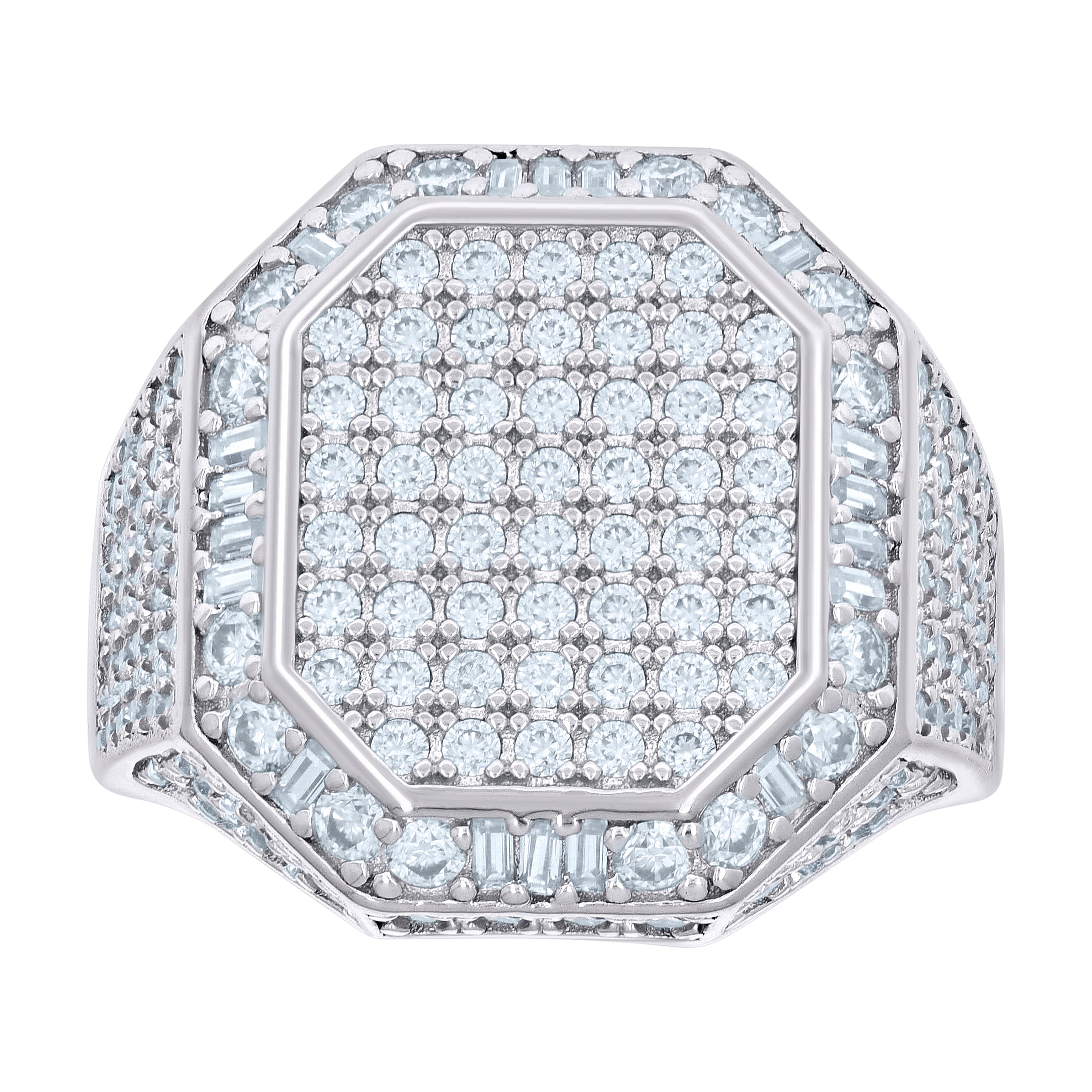925 Sterling Silver Mens 0.50ct Baguette 2.81ct Round Moissanite Octagon Head Fashion Ring Size 10 - SLV-136018