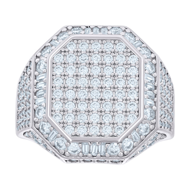 925 Sterling Silver Mens 0.50ct Baguette 2.81ct Round Moissanite Octagon Head Fashion Ring Size 10 - SLV-136018