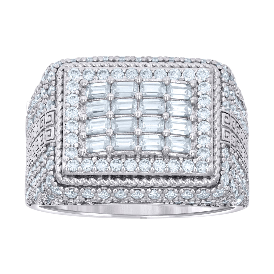925 Sterling Silver Mens 0.91ct Baguette 1.57ct Round Moissanite Square Head Fashion Ring Size 8