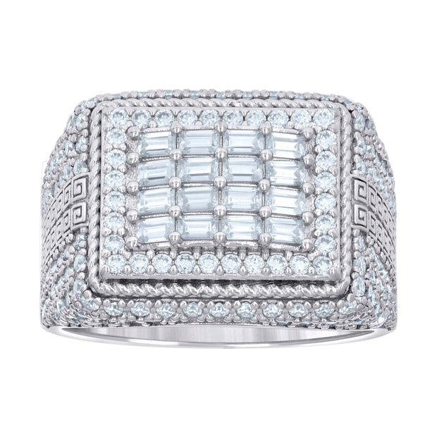 925 Sterling Silver Mens 0.91ct Baguette 1.57ct Round Moissanite Square Head Fashion Ring Size 10 - SLV-136022