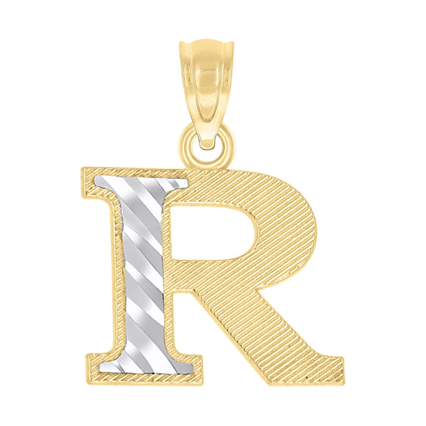 10kt Two-Tone Gold Unisex Diamond-Cut Initial R Charm Pendant