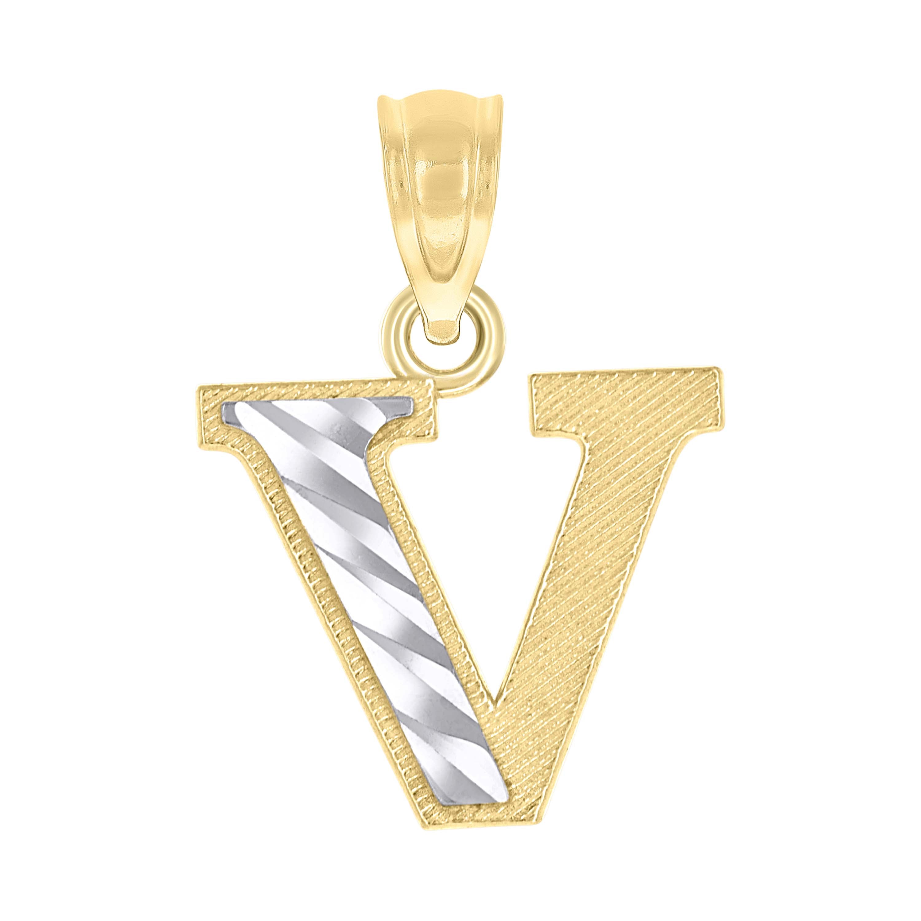 10kt Two-Tone Gold Unisex Diamond-Cut Initial V Charm Pendant
