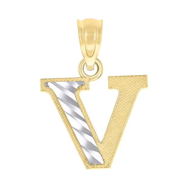 10kt Two-Tone Gold Unisex Diamond-Cut Initial V Charm Pendant