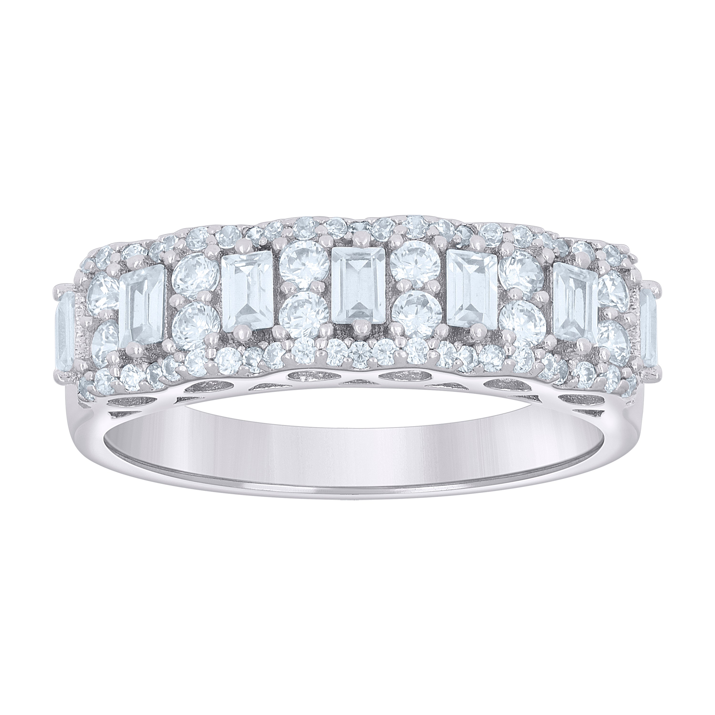 925 Sterling Silver Womens Baguette Round 1.19ct Moissanite Fashion Wedding Band Ring Size 7 - SLV-136245