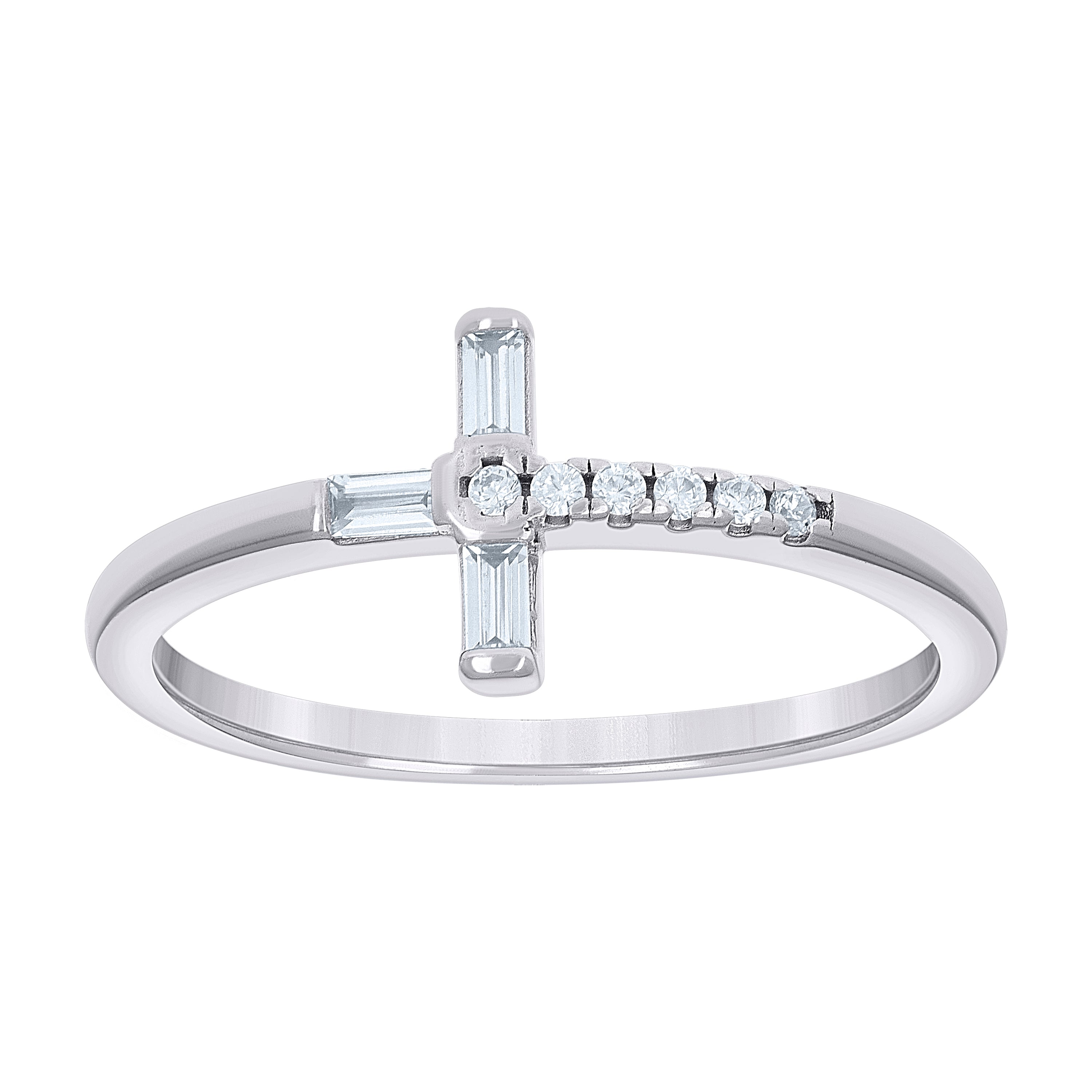 925 Sterling Silver Womens Baguette Round Cubic-Zirconia Cross Religious Ring Size 5