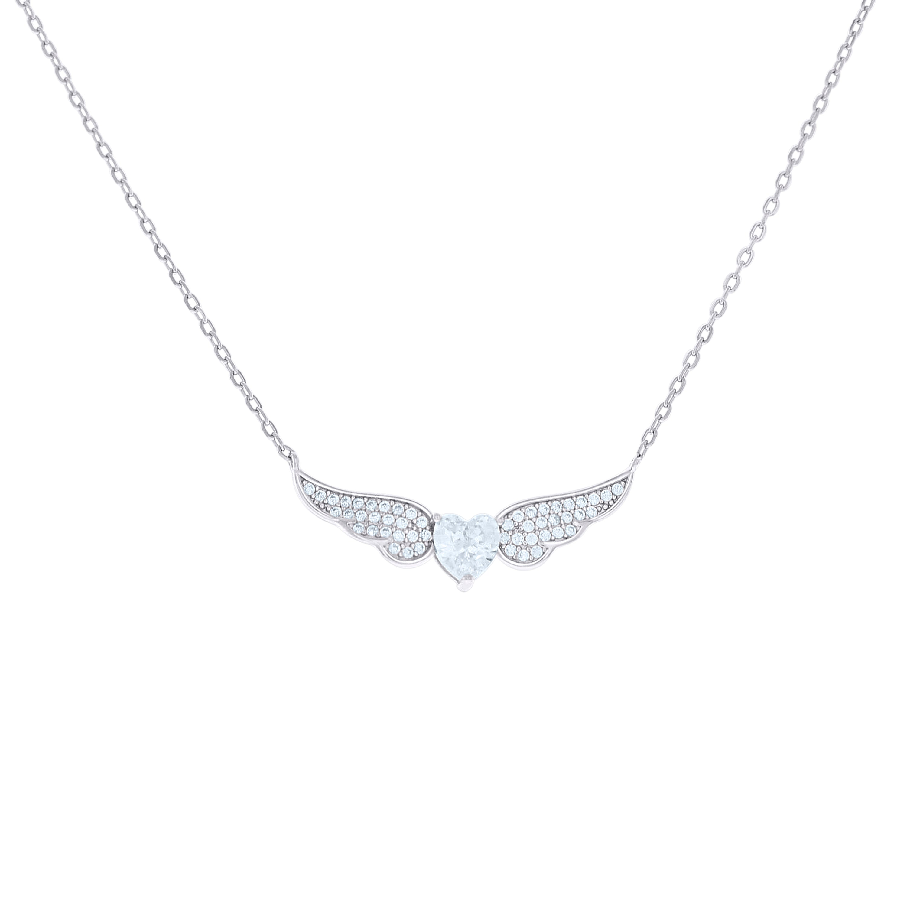 925 Sterling Silver Womens Heart Round Cubic-Zirconia Flying Heart Charm Necklace Size 16 + 2 Inches