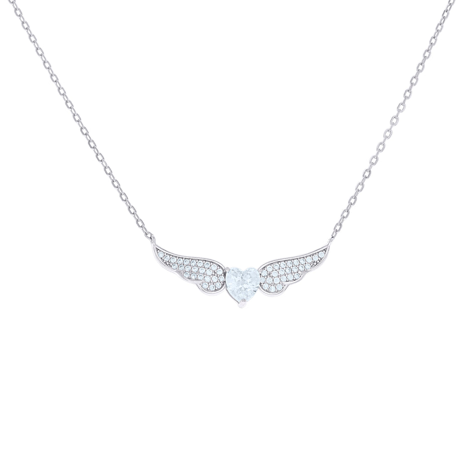 925 Sterling Silver Womens Heart Round Cubic-Zirconia Flying Heart Charm Necklace Size 16 + 2 Inches