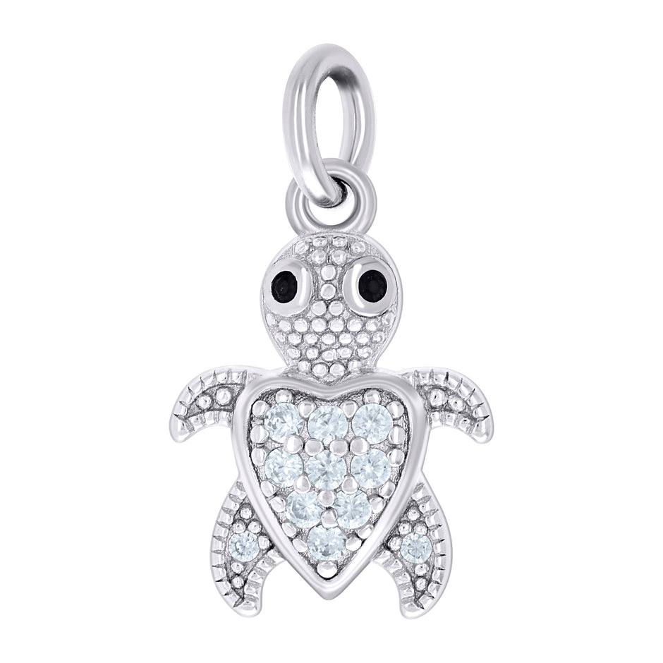 925 Sterling Silver Unisex Black White Cubic-Zirconia Heart Turtle Ocean Pendant 