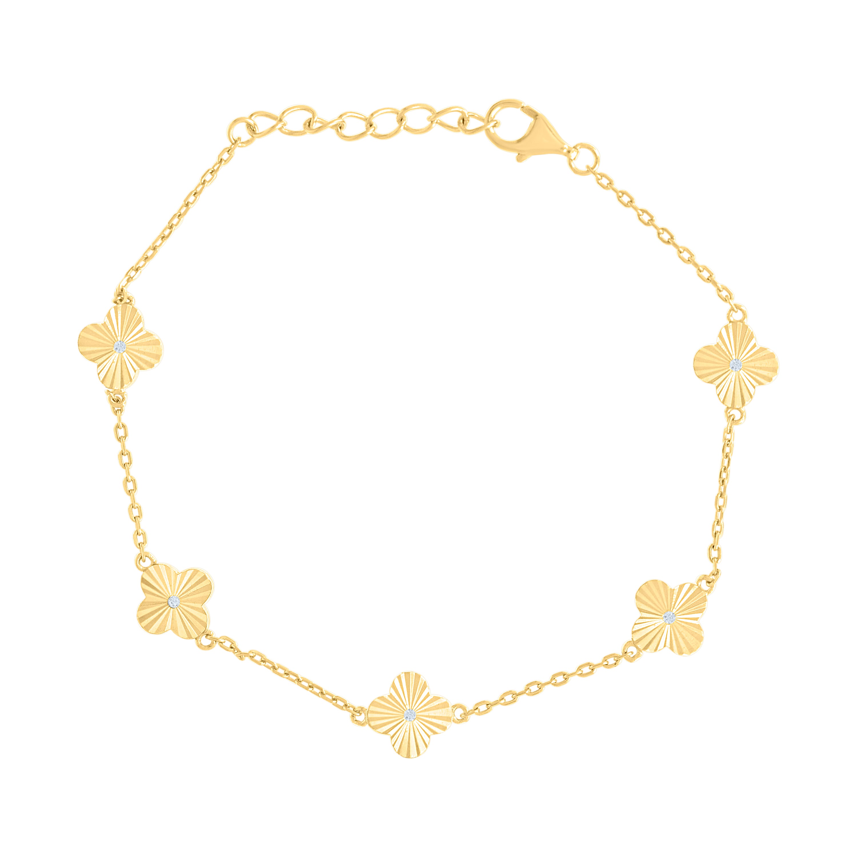 925 Sterling Silver Yellow-tone Womens Cubic-Zirconia Good Luck Clover Charm Bracelet Size 7.5 Inches