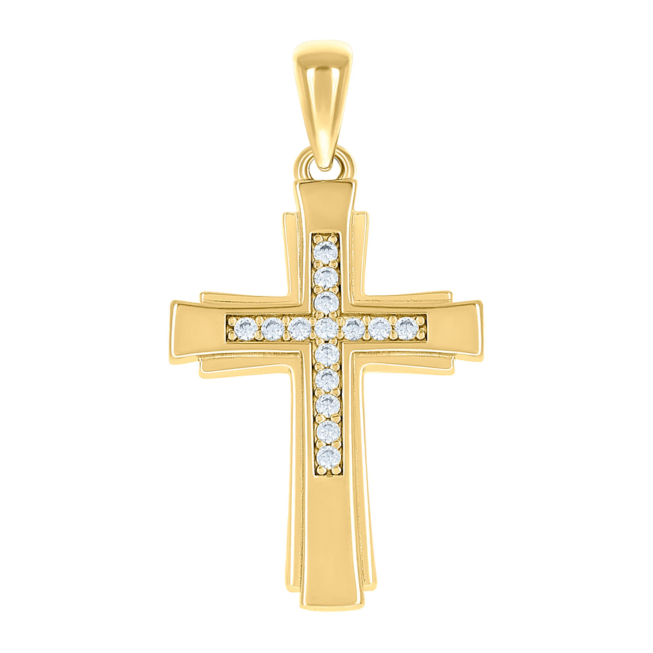 925 Sterling Silver Yellow-tone Unisex Cubic-Zirconia Cross Religious Charm Pendant