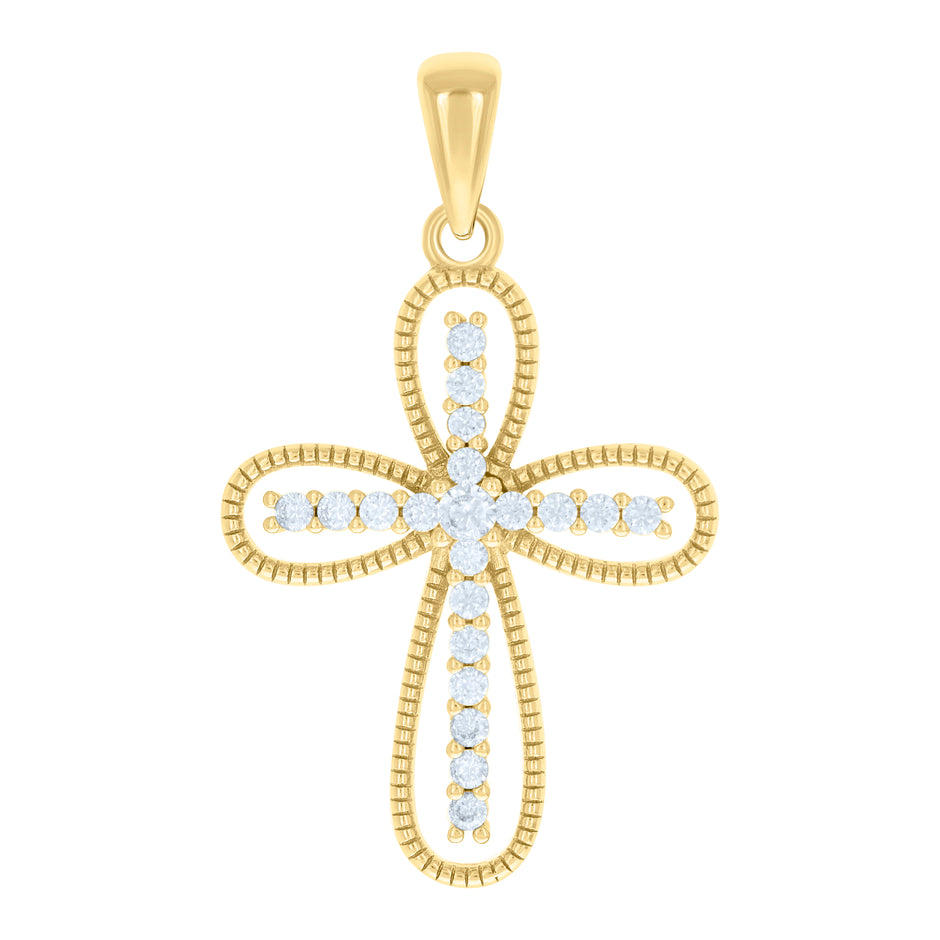925 Sterling Silver Yellow-tone Unisex Round Cubic-Zirconia Cross Religious Charm Pendant