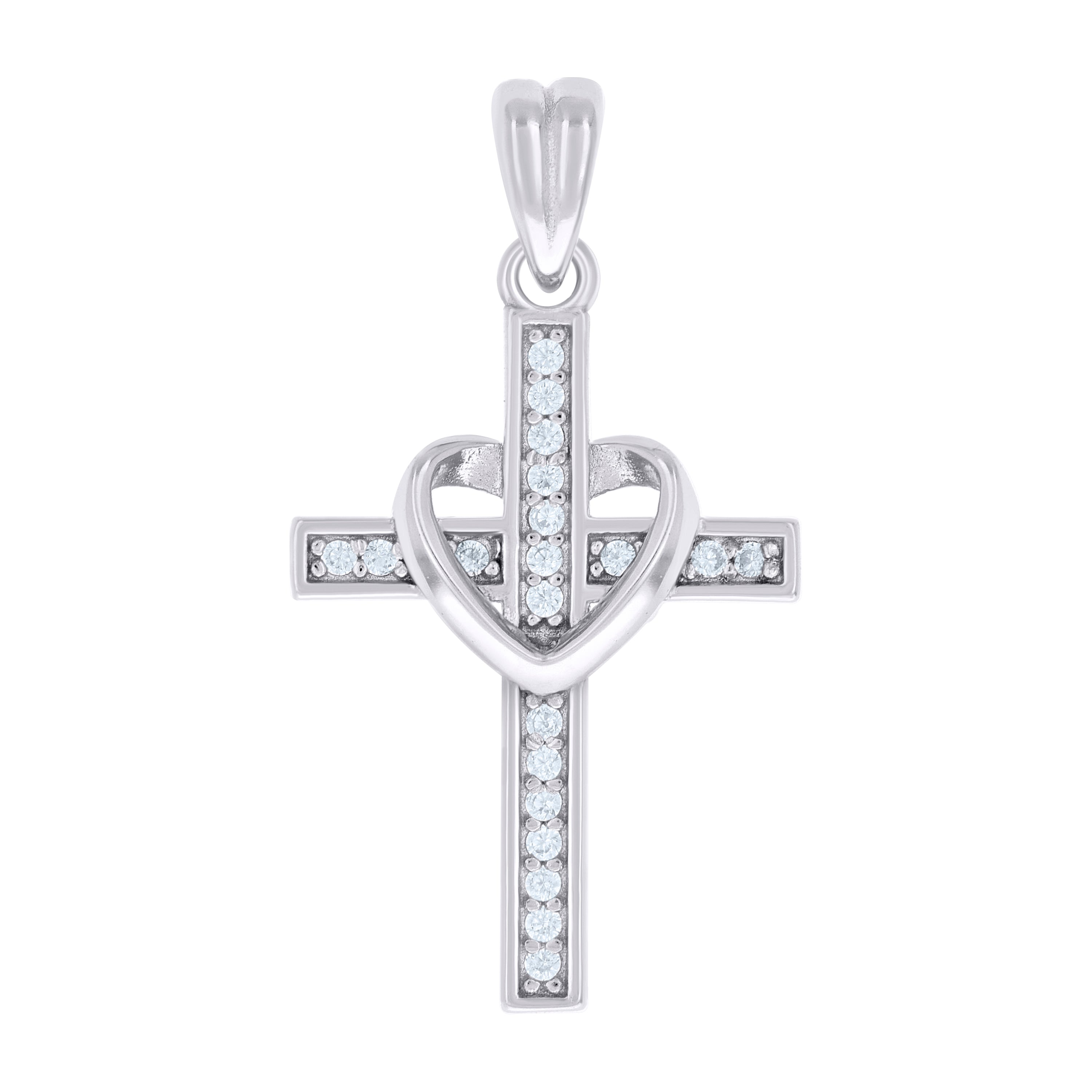 925 Sterling Silver Unisex Round Cubic-Zirconia Heart Cross Religious Charm Pendant